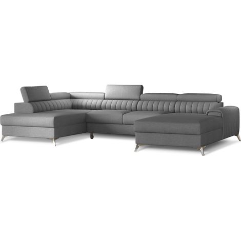 Canapé en U convertible KALANTE tissu - Coffre de rangement et appuie-têtes réglables à gauche-Gris clair-Coffre à gauche (1/5)