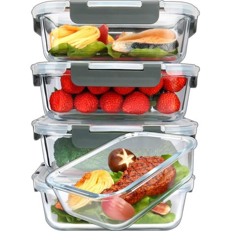 Lot de 5 Boîtes alimentaires, Verre borosilicate 1040 ml, Couvercle hermétique, Joint silicone, Micro-ondes, Préparation des repas (1/5)