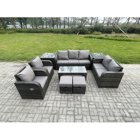 Fimous 9-Sitzer Polyrattan Gartenmöbelset Rattan Lounge Sofa Set mit Rechteckiger Couchtisch 2 Beistelltischen 2 kleine Fußhockern Dunkelgrau Gemischt (1/5)