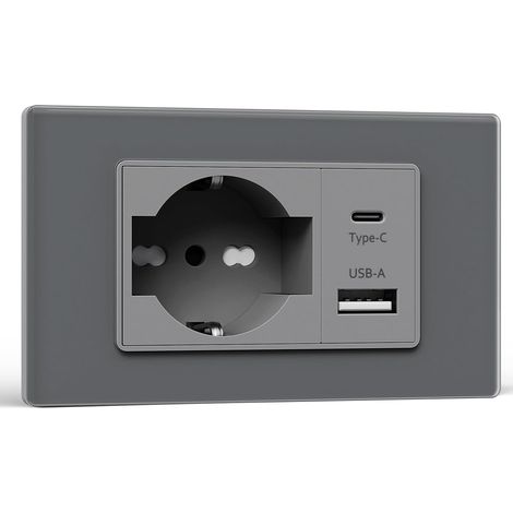 Prise de courant Schuko et italienne avec USB-A et Type-C, prises murales 10 A/16 A, prise murale USB avec panneau en verre, prise bidirectionnelle 118 mm gris (1/5)