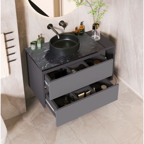 Mobile lavabo sospeso 80 cm con lavabo in ceramica, 2 cassetti, nero e grigio OKMYHOME (1/5)