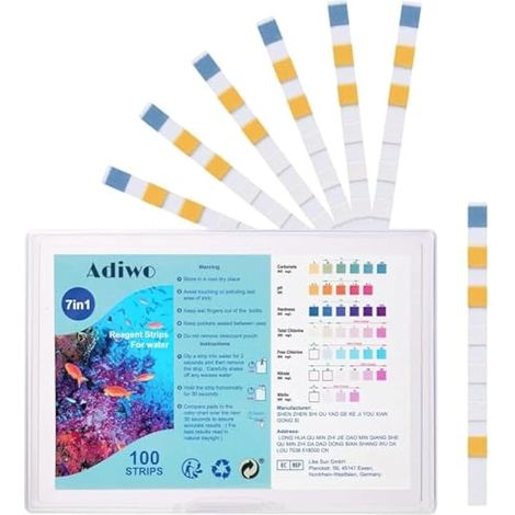 Bandes de test pour aquarium, kit 7 en 1 eau douce et salée, détecte pH, nitrite, nitrate, chlore, dureté carbonatée, test en 60 secondes (GH & KH) (100 pièces)