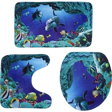 3 Pièces/Kit Océan Style sous-Marin Dolphin Carpe Wc Tapis 3D Dolphin Print Badteppich Set (1/5)