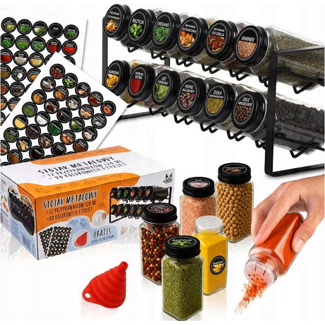 Schwarzer Metallständer FALA + 12 Gläser à 120 ml mit schwarzem Deckel und Sieb + 80 Etiketten + Trichter
