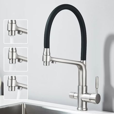 Robinet de cuisine avec eau filtrée - Double bec, fonction de purification, robinet pivotant à 360° - Nickel brossé (1/5)