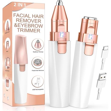 Women's Electric Face Shaver, 2 in 1 Electric Shaver for Eyebrows and Faces, Women's Facial Epilator, Rechargeable LED Light and for Removing Hair on Eyebrows/Face/Lips/Arms (1/5)