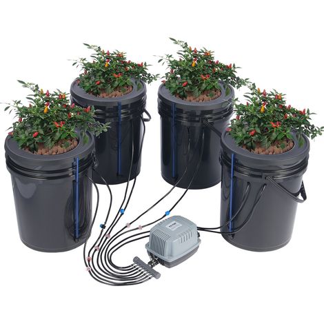 Système de Culture Hydroponique DWC, Kit Goutte à Goutte Supérieur, Culture en Eau Profonde 20 L 4 Seaux, avec Pompe à Air, Pierres à Air, Dispositif de Niveau d'Eau, pour Légumes à Feuilles (1/5)