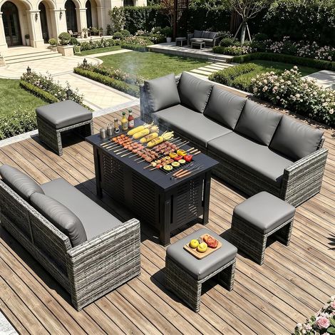 YODOLLA 8-teilig Gartenmöbel Set mit 108cm Feuertisch, graues Outdoor-Rattan Sitzgruppe mit Esstisch, Stühlen & Hockern, Garten-Wicker-Sofa-Set für Terrasse (1/5)