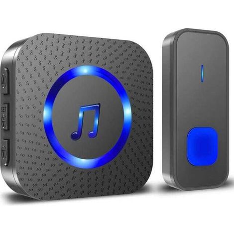 Timbre inalámbrico, alcance de 400 m, timbre electrónico impermeable IP55, 55 melodías con 5 niveles de volumen, LED azul y negro - Crezuo