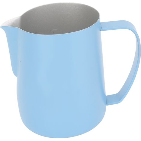 600-ml-Milchkännchen, Kaffeeaufschäumer, Edelstahl-Milchkännchen, dekoratives Milchkännchen, spitz zulaufende Öffnung, hellblaue Tasse (1/5)
