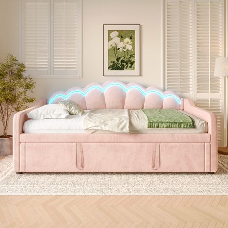 Cama nido 90x200 cm con cama extensible, cabecero ondulado con LED, en terciopelo, rosa, sin colchón (1/5)
