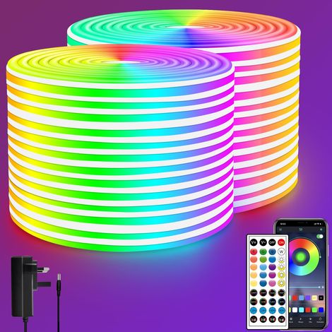 Ruban LED 30 m, télécommande, commande APP, bande LED néon RGB flexible étanche IP65, lampe à ruban LED 24 V pour la décoration intérieure et extérieure (2 rouleaux de 15 m) (1/5)