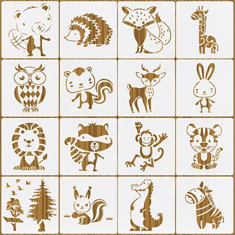 Pochoir Animal - 16 Pièces - Plastique Réutilisable - 15 x 15 cm - Pour Art Sur Bois et Murs - Lot Complet (1/5)