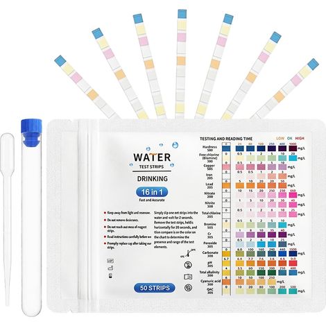 Packung mit 50 16-in-1-Teststreifen für Trinkwasser, Aquarienwassertester mit Pipette für pH-Wert, Gesamthärte, Blei, Kupfer, Schwimmbadwasser und Leitungswasser