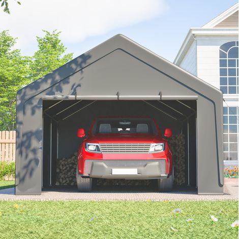 Carport 13' x 25' pour voiture, camion et bateau, acier galvanisé, bâche imperméable anti-UV, gris (1/5)