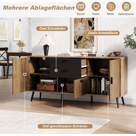 Meuble TV moderne pour salon, buffet bas avec grand plateau, 2 tiroirs et 3 portes, armoire de rangement pour salle à manger et cuisine, noir et bois, 140x35x67 cm (1/5)