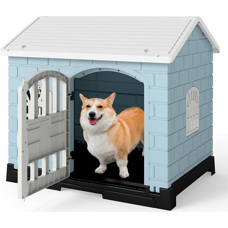 COSTWAY Niche pour Chien Pliable Exterieur Interieur, Plateau de Toilette Amovible, Porte Verrouillable, Cage Chien Chat en PP, 3 Fenêtres, Toit Incliné, pour Chiot Chat Lapin (75 x 57 x 68 cm,Bleu)