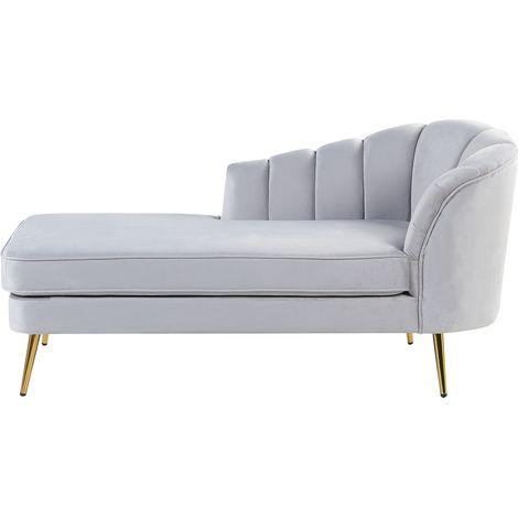 Chaise longue de terciopelo gris claro dorado derecho patas de metal glamour Allier