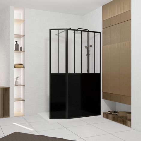 paroi de douche façon verrière avec volet pivotant - 90+40x200 cm - verre transparent et noir