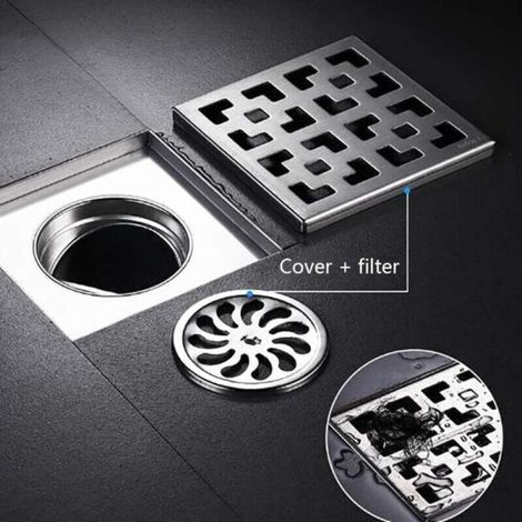Bonde de douche carrée brossée, 10x10 cm, en acier inoxydable avec grille amovible et filtre à cheveux. (1/2)