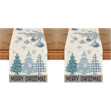 Camino de mesa con forma de árbol de Navidad, decoración festiva para el hogar, 33 x 183 cm, copos de nieve azules, decoración de mesa para la cocina (2 piezas) (1/4)