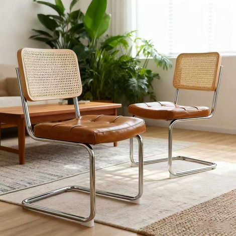 DESMIU Chaise de Salle à Manger Cantilever avec Dossier en Rotin Tressé et Piètement Chromé, Similicuir Marron (1/5)