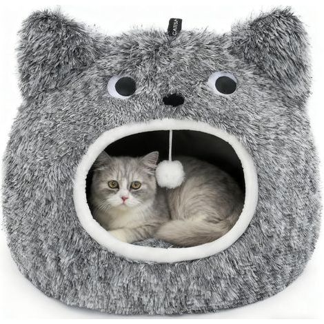 1 - Niche pour chat - Lit pour animal - Design grotte 2 en 1 - Coussin moelleux antidérapant - Intérieur salon - Gris - 50x40x35cm (1/5)