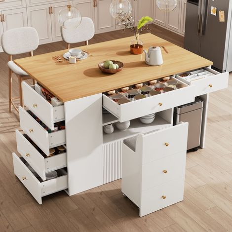 Isla de cocina de 140x40(70)x89 cm con 6 cajones, estantes y taburete con ruedas, MDF blanco y metal (1/5)