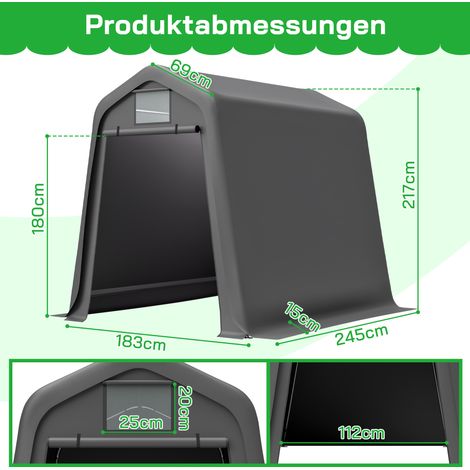 Abri de jardin 245x183x217cm gris – Cabanon multifonction pour vélos, carport ou stockage, toile PE étanche avec rideaux, anti-UV et résistant au vent, assemblage simple
