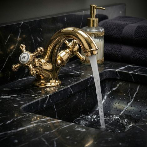 PaulGurkes Waschtischarmatur Wasserhahn klein Gold Retro Antik Zweigriffmischer