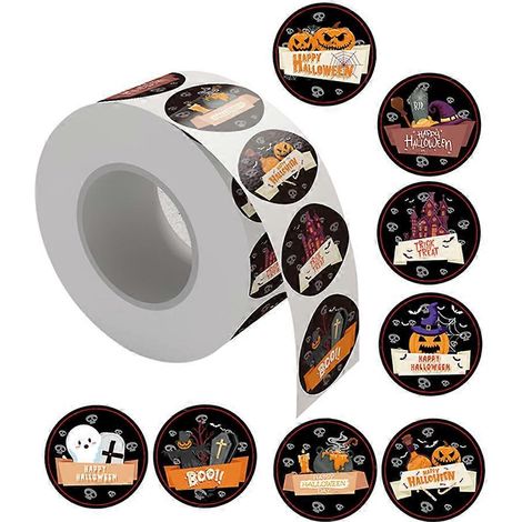 500 autocollants Halloween "Trick or Treat", 8 modèles pour décorer cartes, boîtes cadeaux et enveloppes, lot de 500 par rouleau. (1/4)