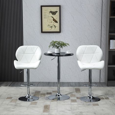Lot 2 Tabourets Bar Réglables, Siège Cuir Synthétique Blanc, Pieds Métal, Dossier + Repose-Pieds, 51.5x57.5x93-114.5cm (1/5)