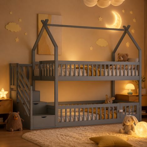 Lit superposé cabane enfant en bois 90x200cm avec toit-escalier avec tiroirs-mini porte-garde-corps-Pin massif MDF-Gris (1/5)