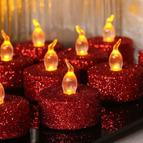 Set of 24 flameless LED tealight candles for Halloween, Christmas, Thanksgiving, 3.6 cm, flickering amber, festival decoration, battery operated for wedding party, party favors (red) (1/5)