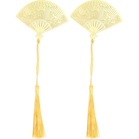 2Pcs Fan Bookmark Antique Chinese Folding Fan Shape Brass Metal Pine and Crane Pattern (1/5)