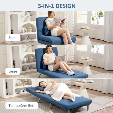 Fauteuil rembourré transformable en couchage 3 en 1, canapé-lit d'appoint, housse en textile, coussins inclus, bleu (1/4)