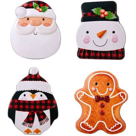 Boîtes à biscuits en métal - 4pcs Noël : Bonhomme pain d'épice, Père Noël, Bonhomme de neige. Coffret cadeau festif et décoratif pour chocolats et confiseries. (1/5)
