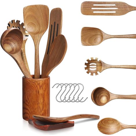 13 Pièces Ustensiles de Cuisine en Bois Ustensiles en Bois de Teck Cuillères et Spatule pour la Cuisine avec support,repose-cuillère et crochets (1/5)