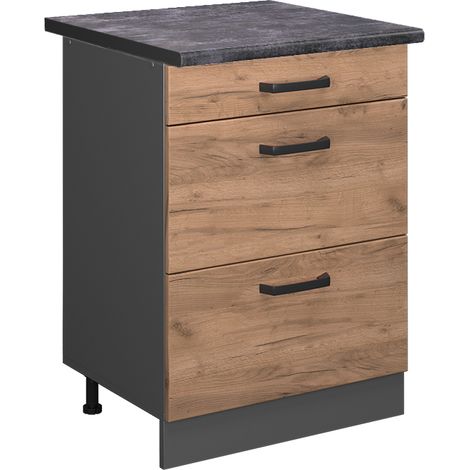 Mobiletto base per cucina R-Line, Quercia dorata, 60 cm con cassetti, PL Antracite, Vicco