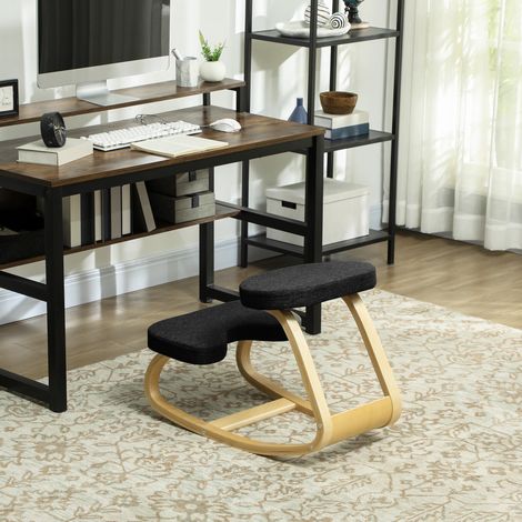 Kniestuhl mit Wippfunktion, ergonomischer Stuhl mit leinenartigem Stoffbezug und Birkenholzbezug, 50 x 73 x 55 cm, Schwarz