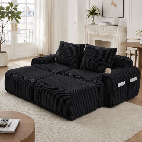 Canapé modulable velours côtelé 2 places 2 poufs combinable porte-gobelet poche rangement latérale salon séjour design moderne noir (1/5)