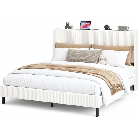 Letto Matrimoniale 180 x 200 cm in Velluto a Coste, Testiera a Canali, 13 Doghe e 9 Piedi, Beige Crema (1/5)
