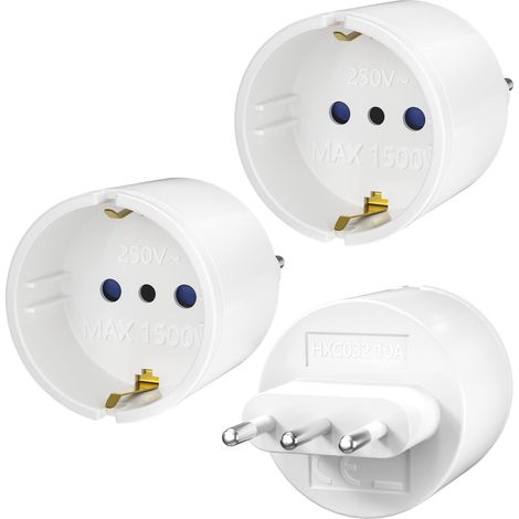 Adaptateur de Voyage, Pack de 3 Adaptateur de Prise de Voyage DE vers IT 2 Broches Europe vers 3 Broches Italie Prise Type L Adaptateur Schuko UE vers Italie Chili, Blanc (1/5)