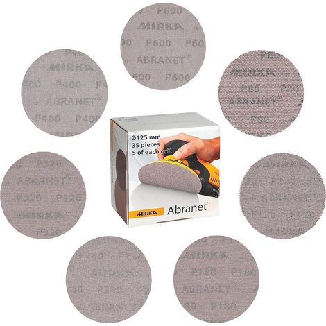 Mirka – Lot de 35 disques abrasifs en maille Ø 125 mm – Assortiment grains 80/120/180/240/320/400/600 – Pour ponceuses excentriques et bois dur