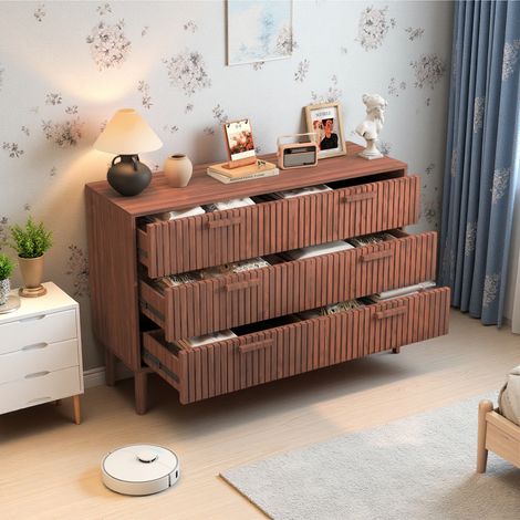 MEXUS – Commode 6 tiroirs – Dimensions 100 x 34 x 73 cm – structure en bois massif et MDF – Rangement élégant pour chambre, salon et couloirs – Couleur bois de noyer (1/5)