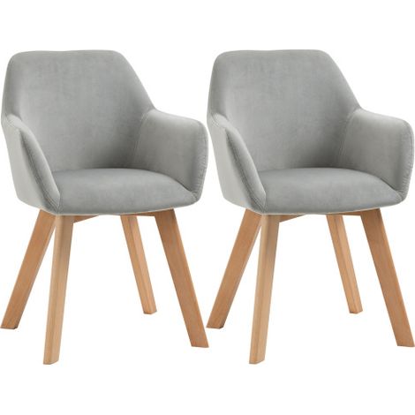 Lot de 2 chaises de salle à manger avec accoudoirs et dossier, rembourrage effet velours, pieds en bois, confort élégant pour cuisine ou salle à manger, gris (1/5)