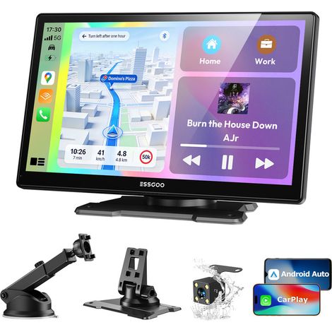 Écran tactile 9 pouces avec caméra de recul compatible Apple CarPlay et Android Auto Mirror Link navigation GPS sans fil Bluetooth 5.3 entrée auxiliaire et radio FM CAM (1/5)