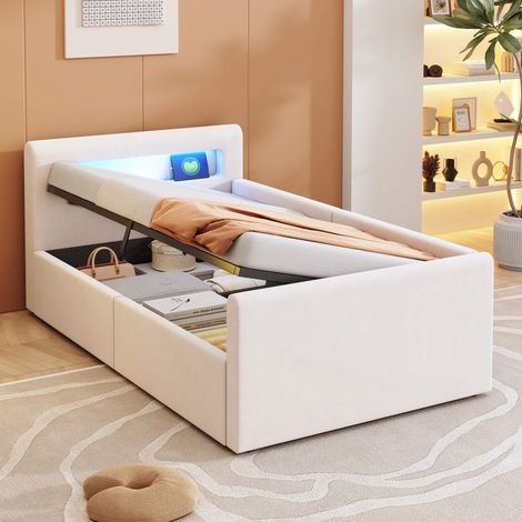 Lit rembourré 90x200 beige velours avec LED, veilleuse & USB, étagère, coffre hydraulique, côtés réversibles (1/5)