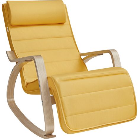 Songmics – Fauteuil à bascule en bois de bouleau – Repose-pieds réglable 5 positions – Capacité 150 kg – Confort rembourré pour chambre et salon – Jaune canard (1/5)