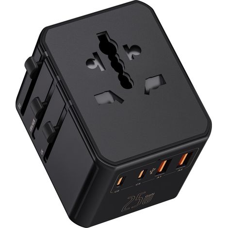 Universal-Reiseadapter mit 2 USB-C- und 2 USB-A-Anschlüssen, 25-W-PD-Schnellladefunktion, kompakt und leicht für Geschäfts- und Urlaubsreisen, Schwarz (1/5)